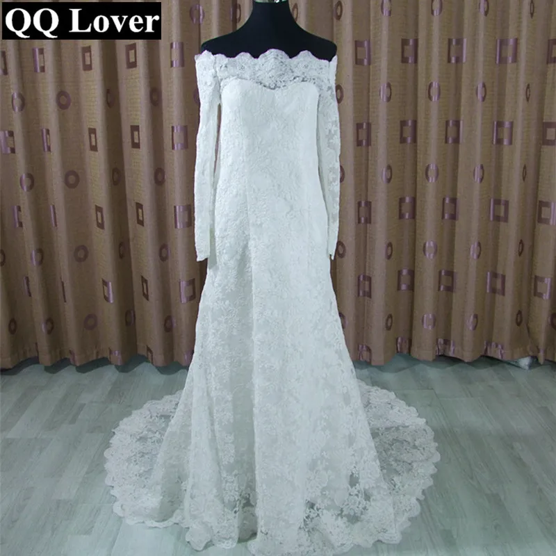 QQ Lover 2017 New Top Lace Long Sleeve Boat Neck Mermaid font b Wedding b font