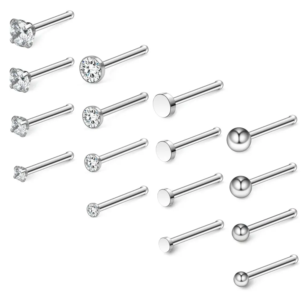 

JFORYOU 20G 18G Surgical Steel 1.5mm-3mm Flat Ball Clear CZ Nose Stud Rings Bone Pin Piercing Jewelry 16PCS