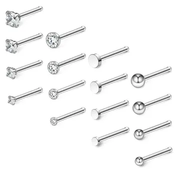 

JFORYOU 20G 18G Surgical Steel 1.5mm-3mm Flat Ball Clear CZ Nose Stud Rings Bone Pin Piercing Jewelry 16PCS