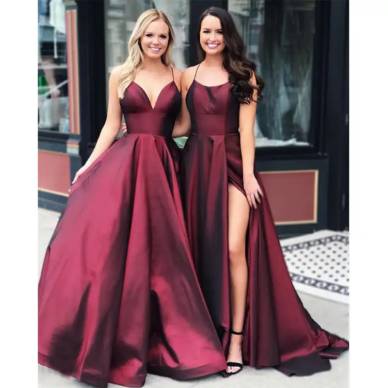 Burgundy Long Prom Dresses Spaghetti Strain A Line Robe De Bal Sexy Satin Women Formal Party Dress Full Length Prom Gowns Simple Prom Dresses Aliexpress