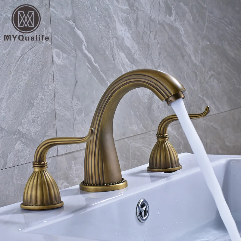 Antique Brass Widespread Dual Handle Bathroom Washing Basin Mixer Taps Deck Mounted 3 Holes
