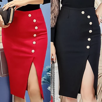 

S-5XL 2016 Autumn Winter New Elegant Sexy Bodycon Slim Button Split Slit High Waist OL Women Pencil Skirt Office Plus Size