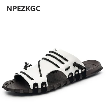 

NPEZKGC New Arrival Men Summer Slippers Genuine Leather Beach Shoes Big Size 38-47 Flat Slipper for Men Casual Daily Shoes