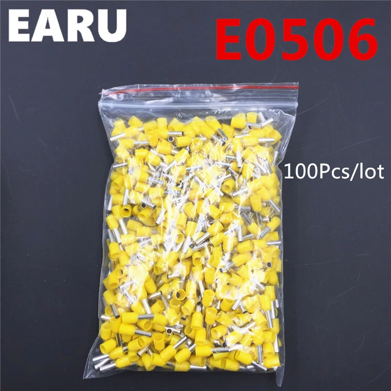

100Pcs E0506 Tube Insulating Insulated Terminal 0.5MM2 22AWG Cable Wire Connector Insulating Crimp E Black Yellow Blue Red Green