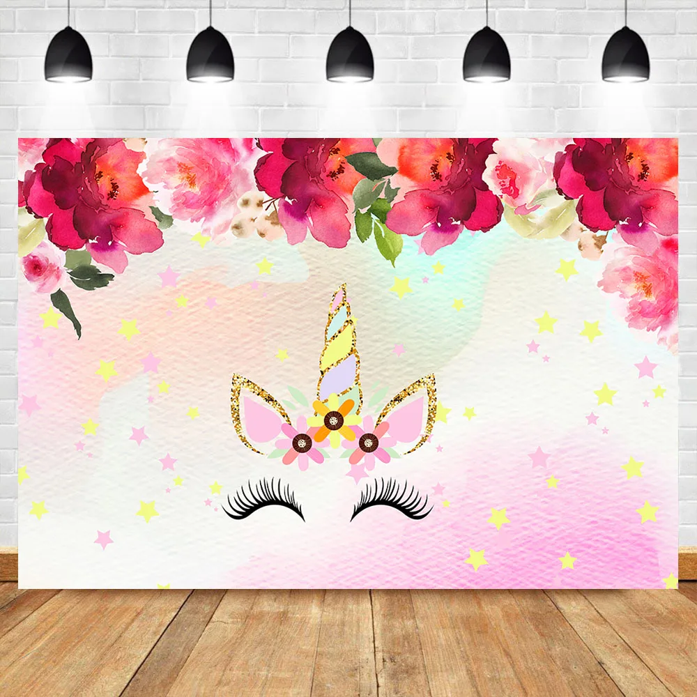 

NeoBack Unicorn Backdrop Rad Flower Gold Unincorn Baby Shower Background Photography Color Star Birthday Party Banner Backdrops