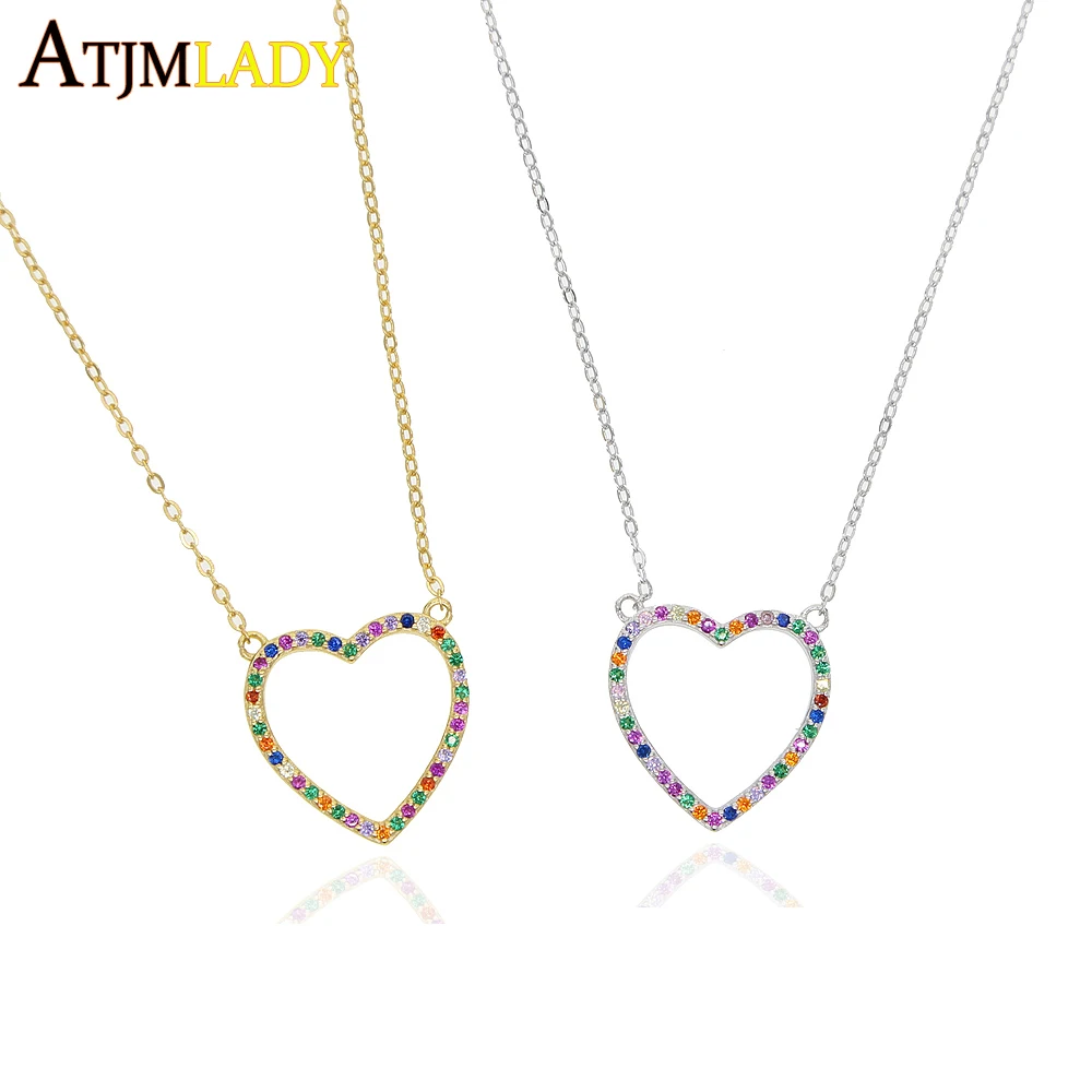 

925 sterling silver Sweet Love Heart Necklace Statement Girlfriend Gift Cute Gold rainbow cz Necklace Jewelry Collier Femme 2019