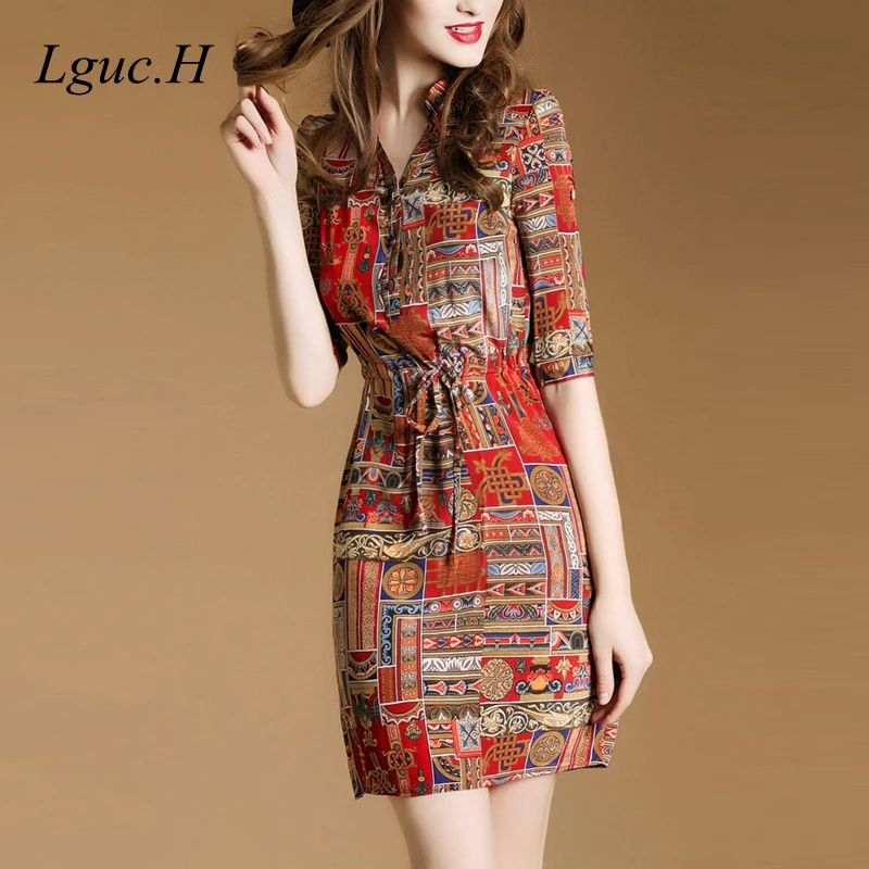 

Lguc.H Silk Dress 2019 Social Luxury Dress Summer Chiffon Shirt Dress Women High Waist 1/2 Sleeve Vintage Bandage Dress XL