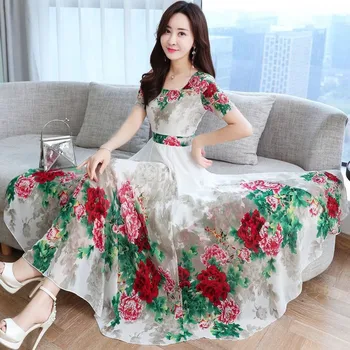 

2020 NEW Plus Size Summer Dress Women Elegant O-Neck Short Sleeve Floral Print Chiffon Dress Female Big Swing Beach Dresses X969