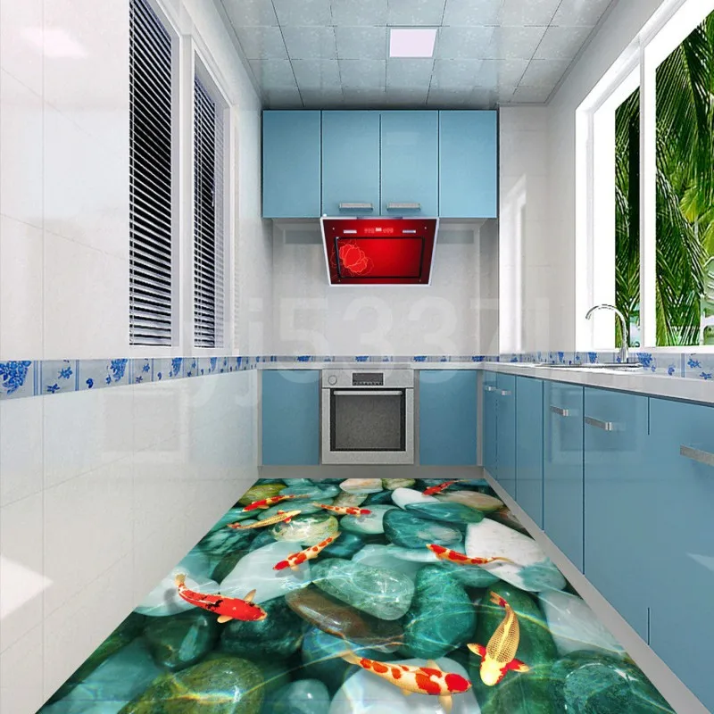 

Free Shipping Custom 3D Floor Wallpaper Beautiful stone fish floor wallpaper Paintings Self-adhesive Wall Sticker Wallpapers