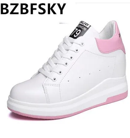 

2018 Hidden Heels White Platform Wedges Sneakers Women Shoes High Top PU Leather Tenis Feminino Casual Basket Femme