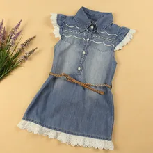 5 штук в партии джинсовое платье для маленьких девочек детское милое платье с поясом и Кружево Обувь для девочек летняя одежда