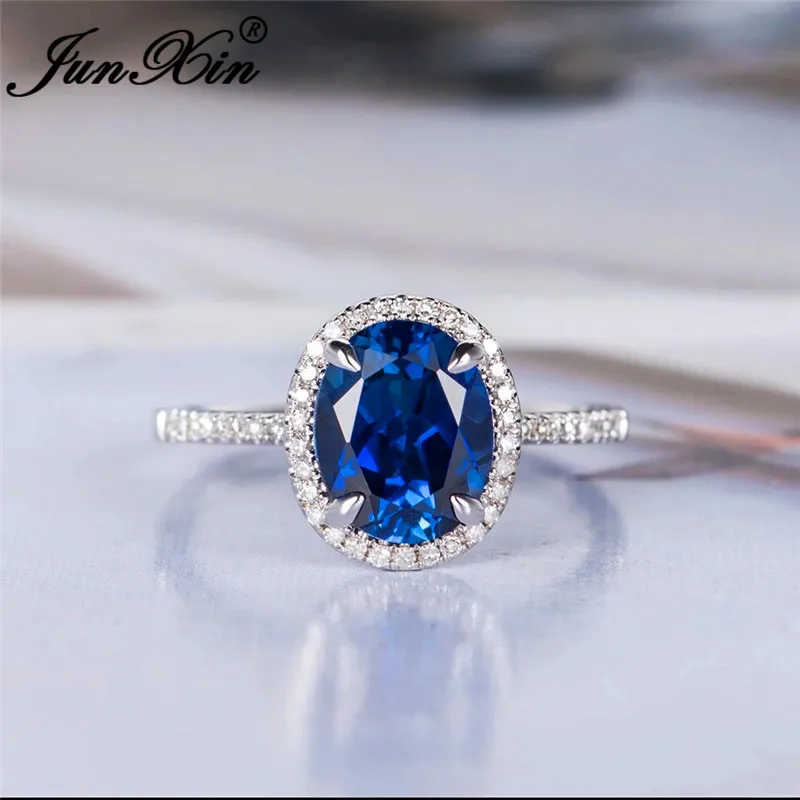 

JUNXIN Royal Blue Stone Oval Wedding Rings For Women 925 Sterling Silver Filled Sept Birthstone Crystal Ring Female 2019 New CZ