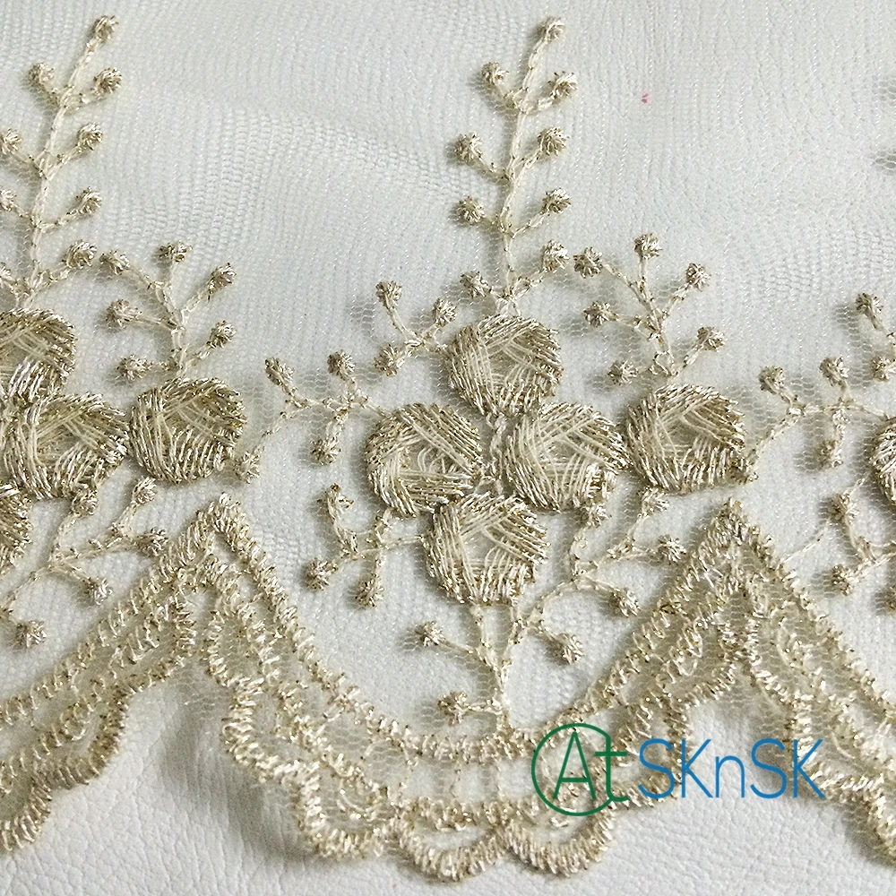 

300 yards/lot 14cm wide black/white color mesh lace trims with gold embroidery egde for garment gown accessory DHL Shipping