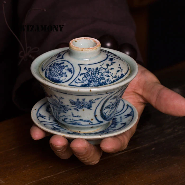 1 шт. WIZAMONY маленький голубой и белый Gaiwan китайский старинный глазурь Цзиндэчжэнь