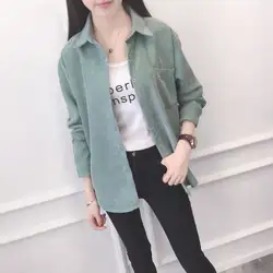 С длинным рукавом белый зеленый женские вельветовые рубашки Новинка 2018 года повседневное Женская офисная блузка женская одежда высокое