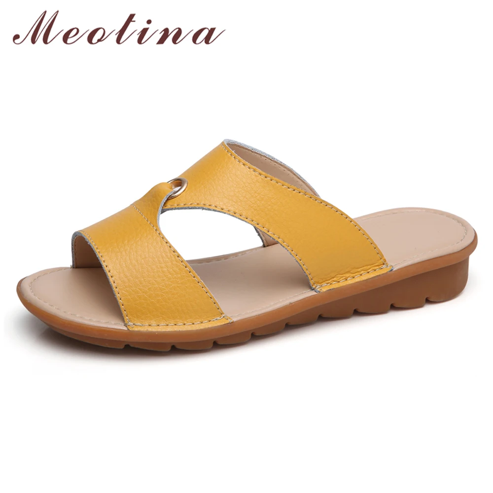 

Meotina Women Slippers Summer Shoes Cow Leather Metal Decoration Flat Shoes Women Sandals Open Toe Slides Yellow Blue Size 5-9