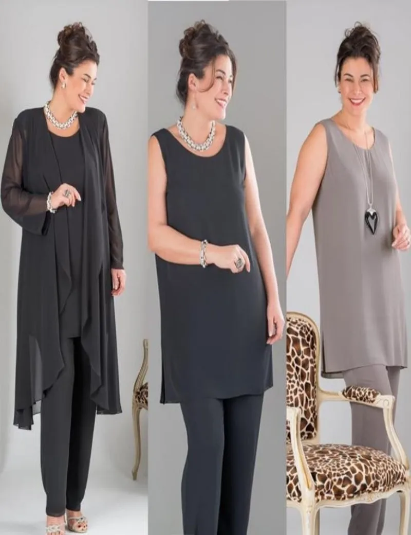 Plus Size Black Gray Mother Of The Bride Pant Suits with jacket Mother Bride Pants Suit Chiffon