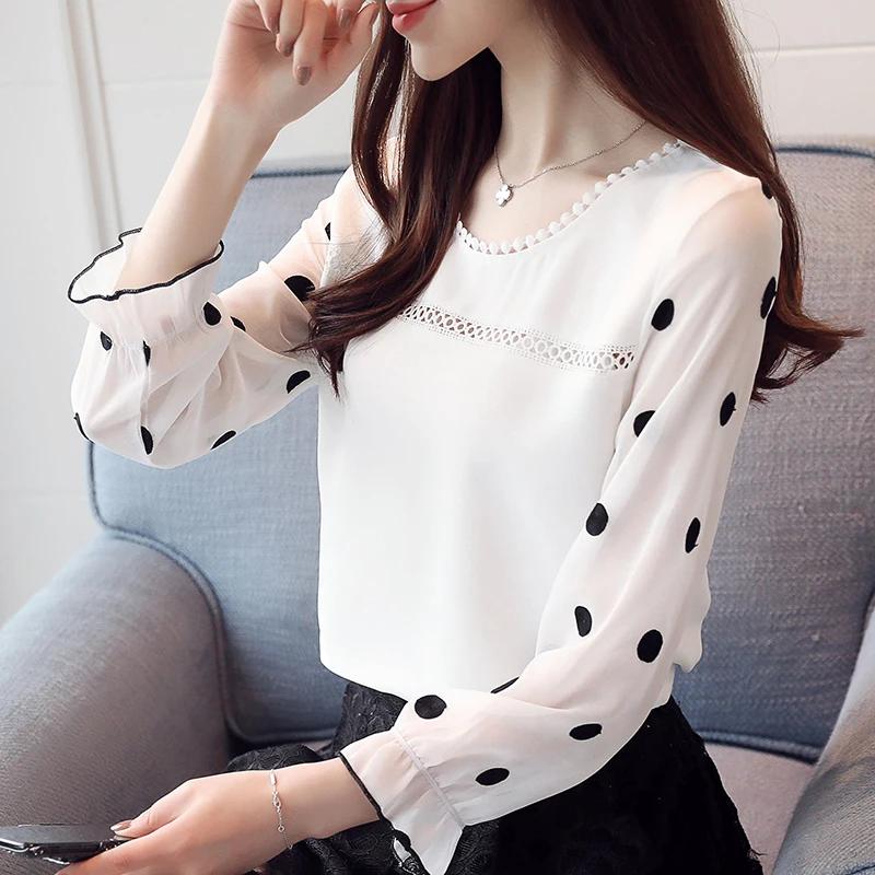

Korean Polka Dot White Blouse 2019 Spring Autumn Pullover Hollow Out Lantern Sleeve Clothes Womens Tops And Bluses Shirt T91508