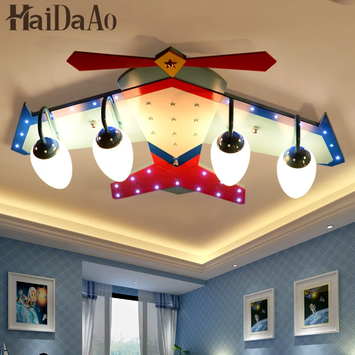 4 головки LED мультфильм самолет детская лампа стеклянные деревянные потолочные