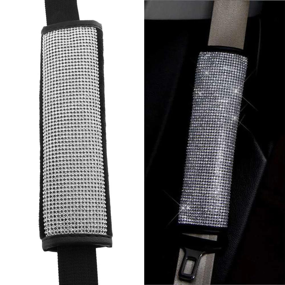 

Auto Interior Accessories Black Leather Rhinestones Strap Cover Bling Bling Crystal Car Seat Belt Safety Seatbelt Shoulder Pads