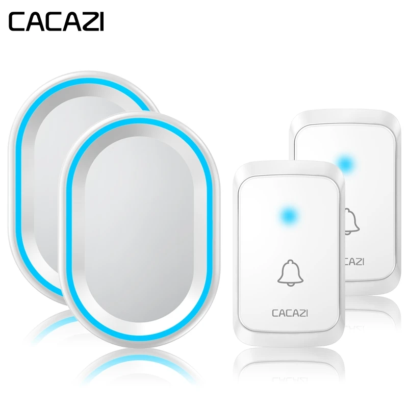 

CACAZI Wireless Doorbell Waterproof 2 Battery Button 2 Receiver 58 chimes 300M Range Remote LED light Home call bell US EU Plug