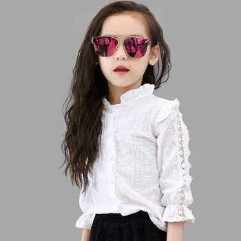 

Girls White Blouse Spring Summer Teenager Lace Girls Tops School Uniforms Shirt Long-Sleeve Children Clothing 6 8 10 12 14 Years