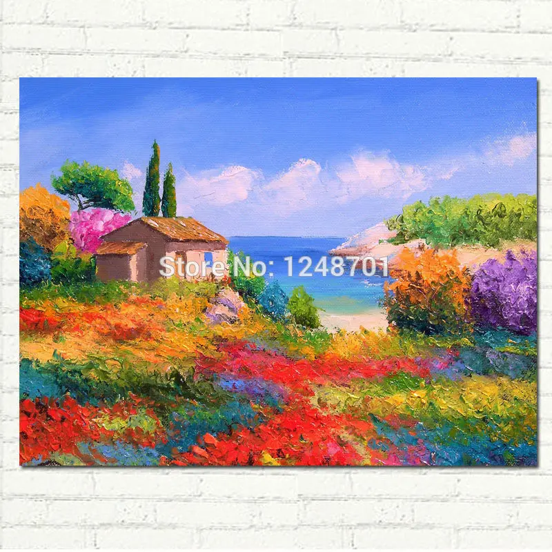 

Handpainted modern flower filed house picture spring scenery oil painting on canvas for wall decoration