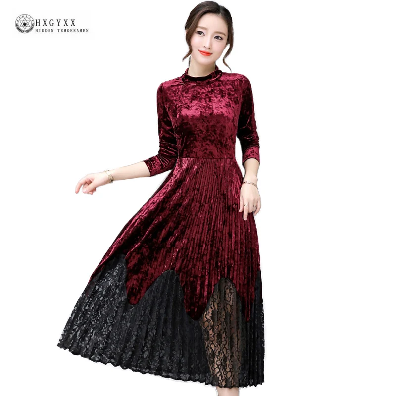 Spring Female Pleated Velour Long Dress Spliced Lace