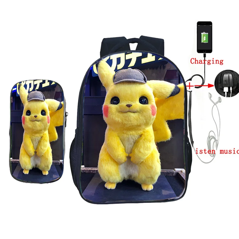 Рюкзак Pokemon Detective Pikachu с USB зарядкой, школьные рюкзаки для подростков, мальчиков и девочек, Mochila, детский дорожный рюкзак с пеналом - Цвет: 12