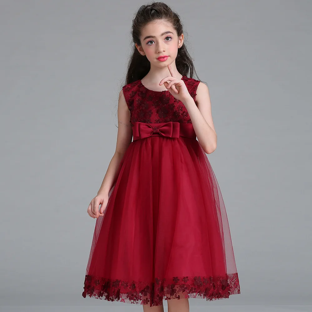 

European Hot Kids Dresses for Girls Lace A-Line Dress Girl Sleeveless Solid O-neck Princess Dress Costume Kids Robe Fille