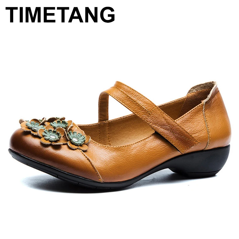 

TIMETANG Female Retro Folk Style Genuine Leather Shoes Women Soft Bottom Low Heels Pumps 2018 Autumn Flower Middle Aged Mother