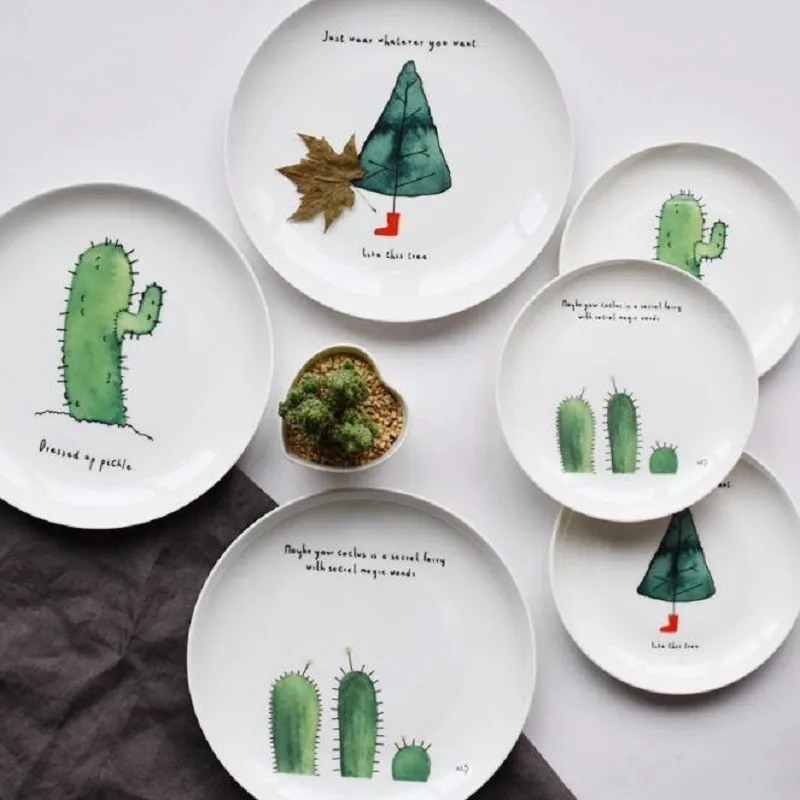 Dinner Plates Cartoon Cactus Printed 8inch Bone China Cake Dishes Plate Porcelain Pastry Fruit Tray Ceramic Tableware For Steak