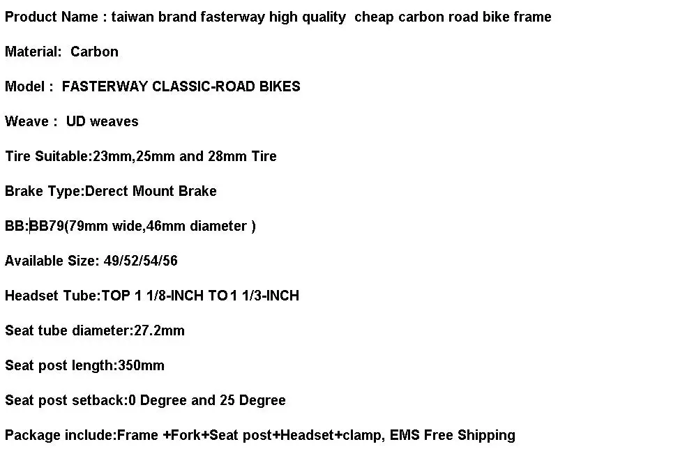 Sale 2019 design super light FASTERWAY classic carbon road frameset D Brake carbon bike frame:Frameset+Seatpost+Fork+Clamp+Headset 1
