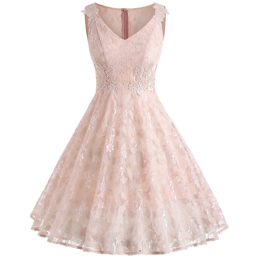 

Wipalo Lace Overlay A Line Dress Women V-Neck Sleeveless High Waist Cocktail Party Dress Female Girl Floral Embroidery Dress