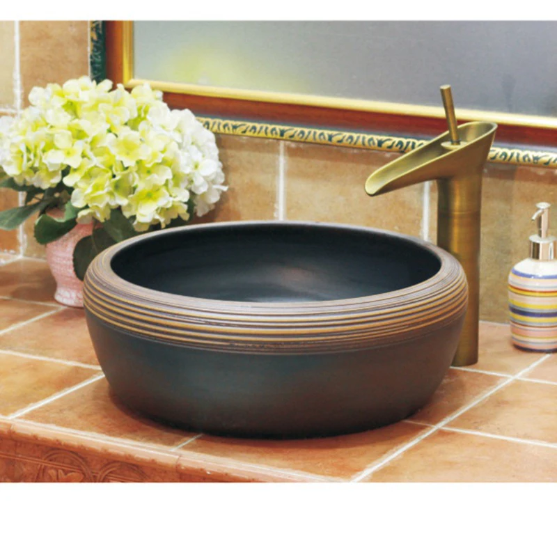 

Black and Brown Modern Art Strip Rim Ceramic Vessel Basin Bathroom Sink