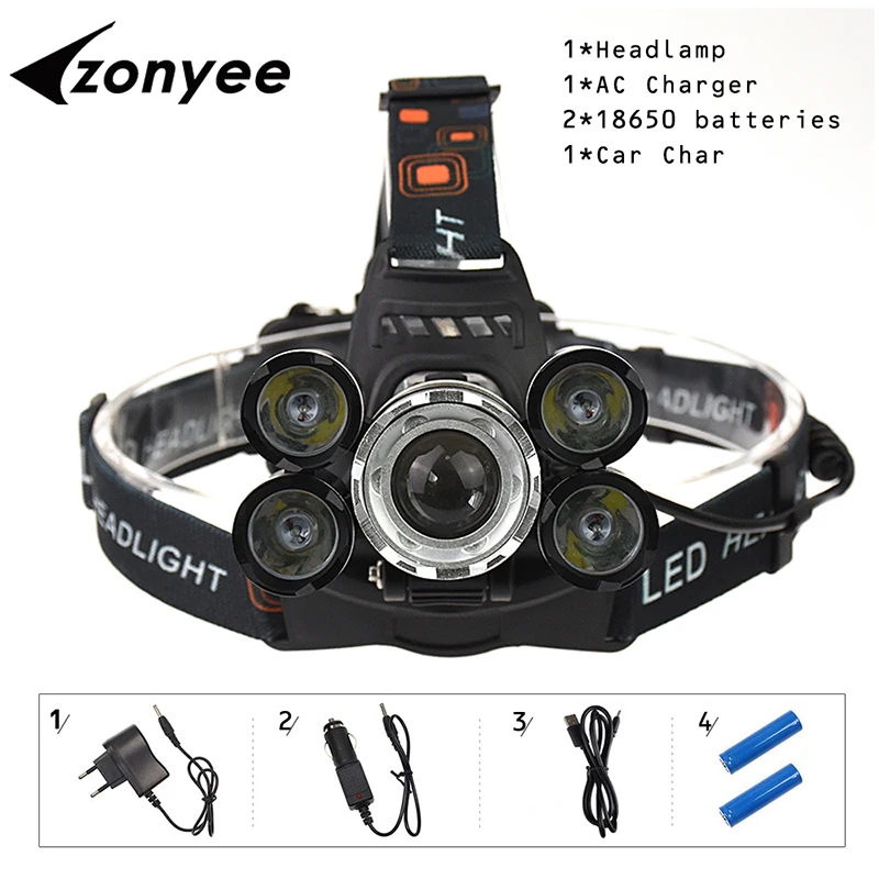 

5 Chip Power LED Headlight Head Lamp Light Zoomable Flashlight Torch Lantern Long Life 18650 Fishing Hike Cave Explore Headlamp