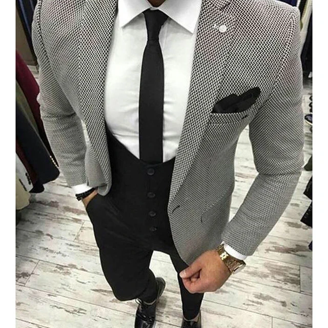 Houndstooth Fabric 2019 Men Suits For Wedding Groom Tuxedos 3 Pieces Jacket Black Pants Vest Latest Style Blazer Waistcoat Suits Aliexpress
