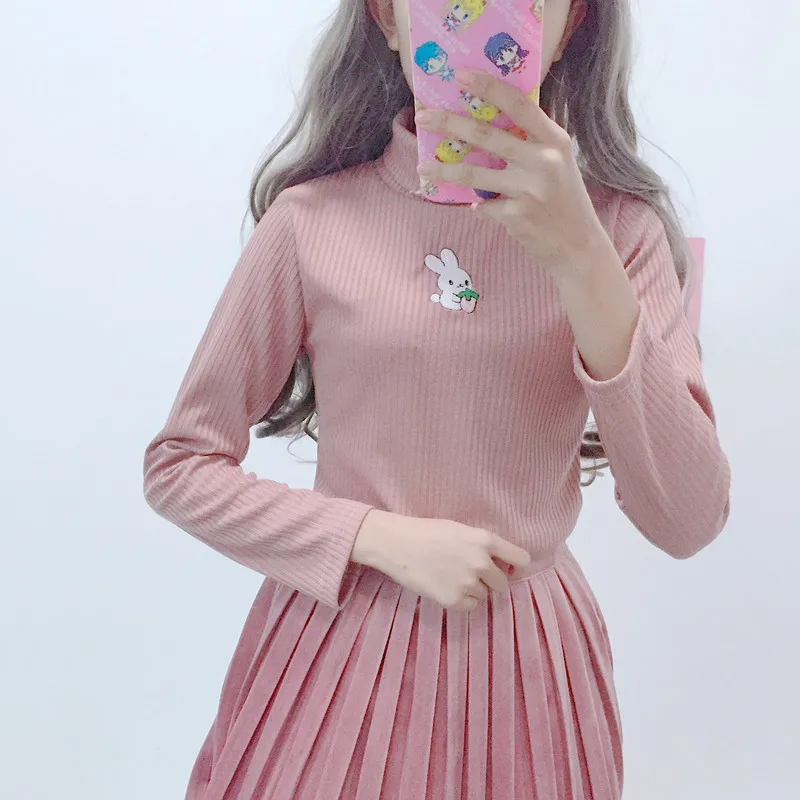 Skup Nowy Lolita kobiet sweter kawaii sweter top super słodki haft królika wysoki kołnierz stretch ciepłe dzianiny wydłużone swetry