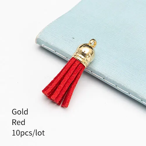 10 штук 35 мм кожаные подвески с кисточками из искусственной замши с шапками для брелоков, ремешки для ключей, аксессуары для самостоятельного изготовления, многоцветные - Цвет: Gold Red