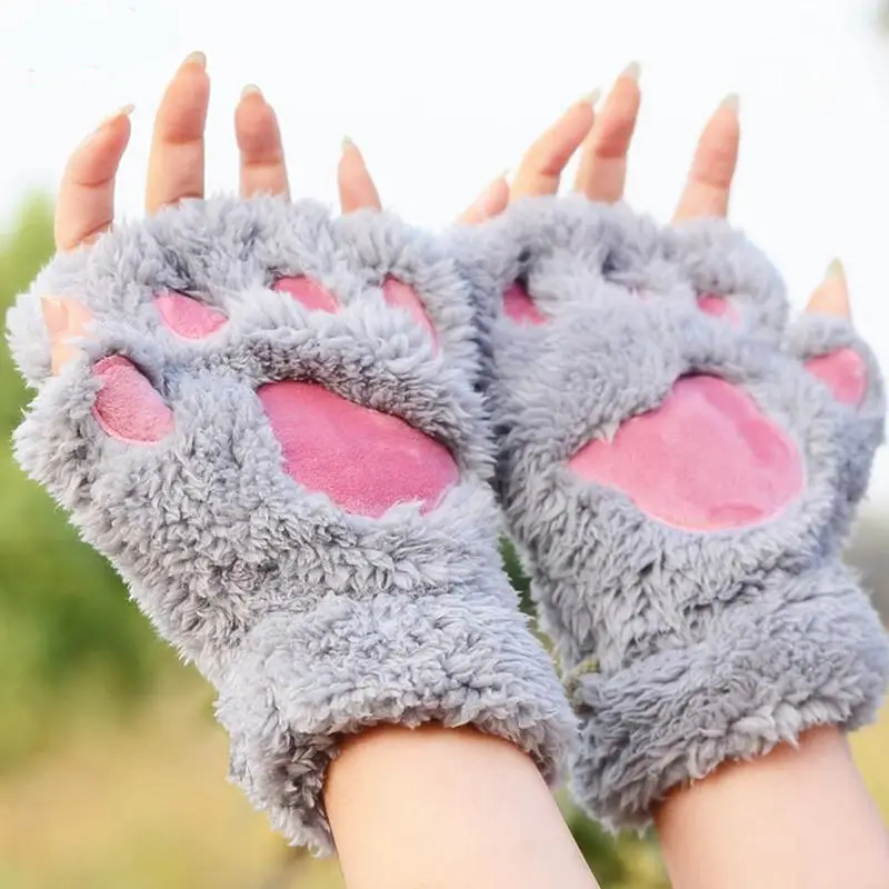 Зимние женские милые плюшевые рукавицы с кошачьими лапами, короткие перчатки без пальцев - Цвет: Серый