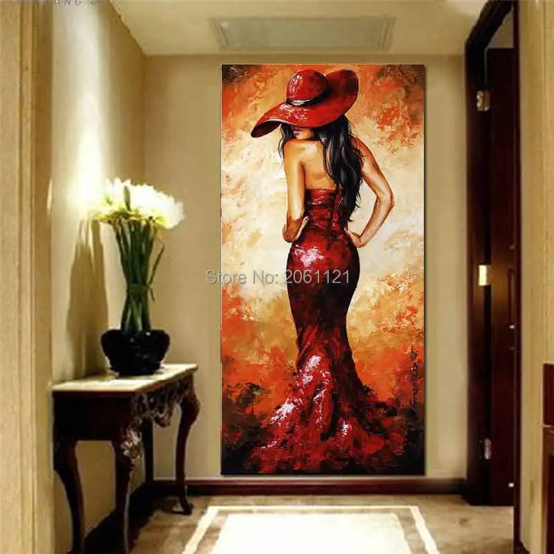 

hand painted large fashion modern woman painting red girl canvas oil paintings for living room Lobby hotel decoration