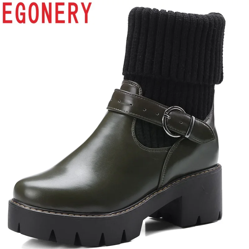 

EGONERY 2018 new concise casual round toe med square heel platform slip-on women shoes winter warm two colors mid calf boots