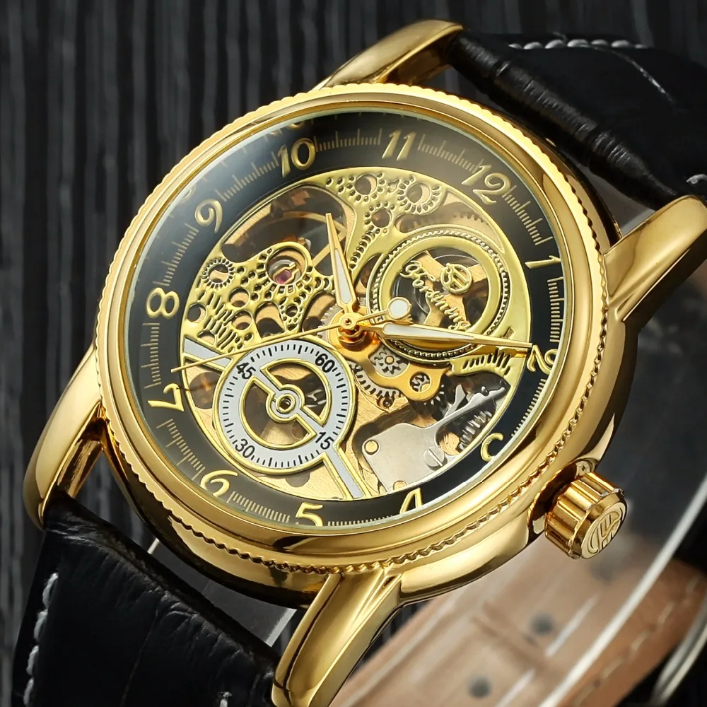

2017 Hollow Engraving Skeleton Casual Watch Black Golden Case Gear Bezel Watches Men Luxury Brand Leather Automatic Watches
