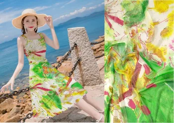 

Telas Pure Natural 100% Mulberry Silk Chiffon fabric light green Smear flowers Print silk Fabric Material Textile Dress Scarf