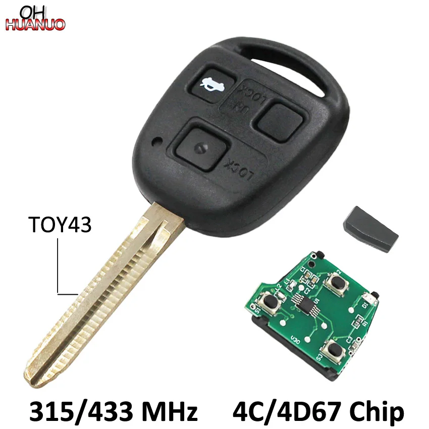 

3 Buttons Keyless Entry Fob Remote Key for Toyota 315/433MHZ With 4C/4D67 Chip Inside TOY43 Uncut Blade