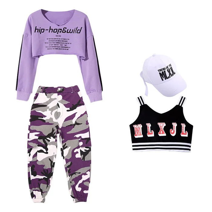 Костюм для джазовых танцев; детская одежда в стиле хип-хоп; фиолетовый топ с длинными рукавами; камуфляжные штаны; черный жилет; одежда для выступлений для девочек; DN2616 - Цвет: 4 Pcs