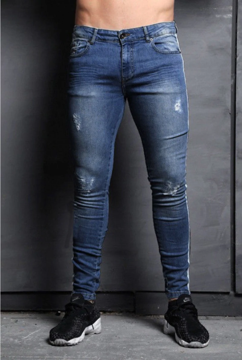 Men ripped hole denim Jeans Slim men's striped Jeans Hip hop Skinny pencil Jeans For Men high street stretch zipper jeans men