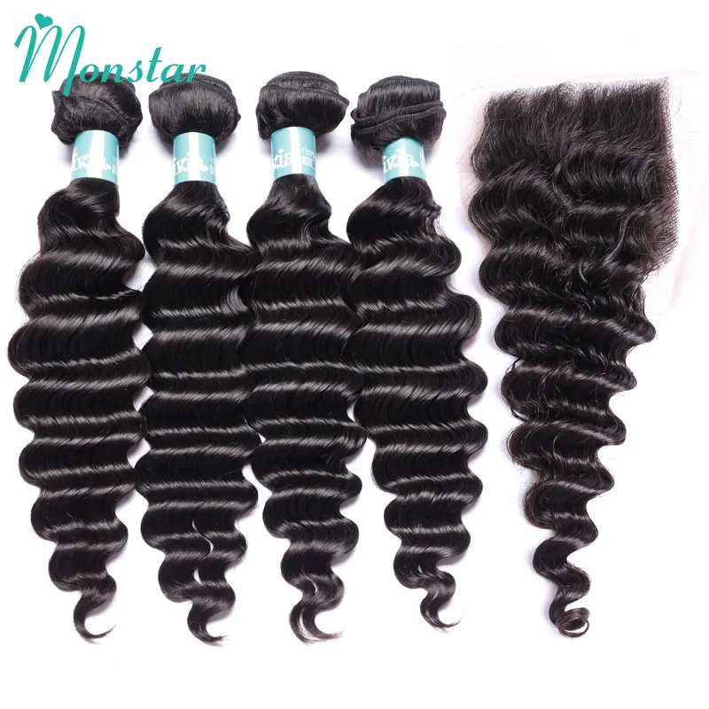 

Monstar 8 - 28 Inch Peruvian Remy Hair Loose Deep Wave 2/3/4 Bundles with Closure 4x4 Free/Middle Part Human Hair Lace Closure
