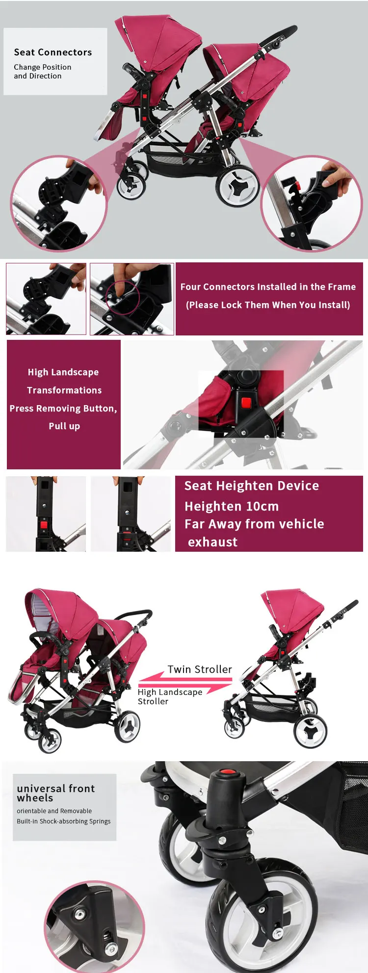 Babyfond/легкая прогулочная коляска для близнецов с высоким пейзажем, детская коляска с двойным складывающимся передним и задним откидным сидением