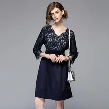 Женское летнее платье с v-образным вырезом, рукавом три четверти, голубое кружевное платье, повседневное вечернее платье трапециевидной формы, vestidos, большие размеры 5XL